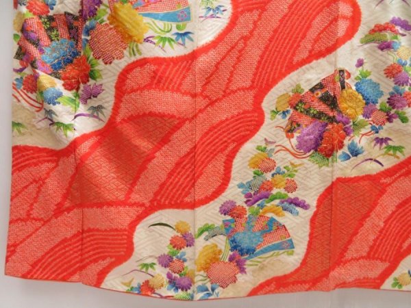 Photo6: 5216T14z1240 Vintage Japanese Kimono Silk FURISODE Peony Orangered (6)