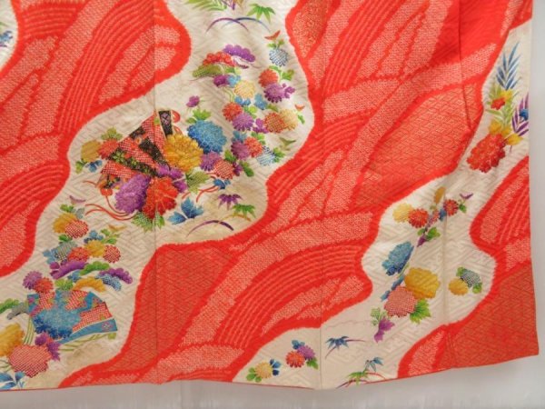 Photo7: 5216T14z1240 Vintage Japanese Kimono Silk FURISODE Peony Orangered (7)