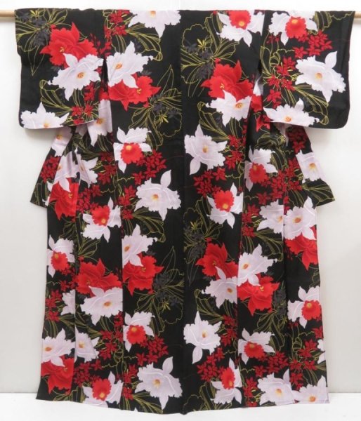 Photo1: 5217T02z480 Vintage Japanese Kimono Cotton YUKATA Flowers Black (1)