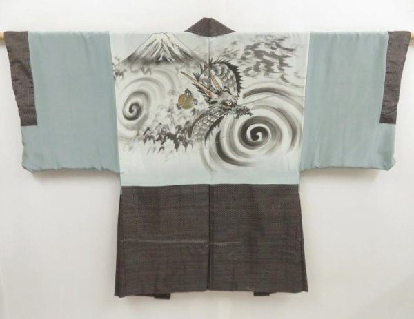 Photo1: 5217T07z480 Vintage Japanese Kimono Silk Men's HAORI Dragon Brown-Gray (1)