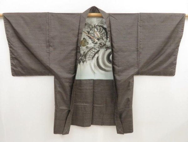 Photo3: 5217T07z480 Vintage Japanese Kimono Silk Men's HAORI Dragon Brown-Gray (3)