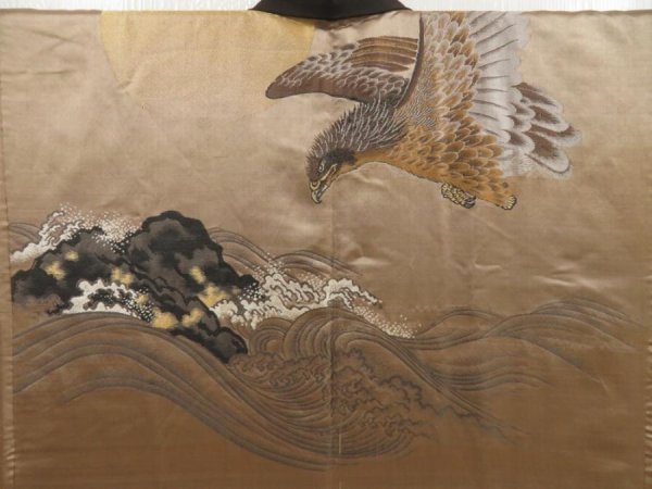 Photo3: 5217T11z540 Vintage Japanese Kimono Silk Men's HAORI Eagle Dark brown (3)