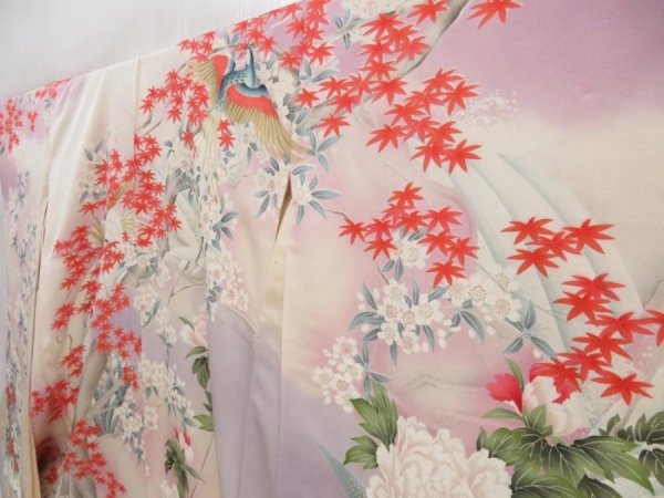 Photo2: 5217T13z1160 Vintage Japanese Kimono Silk FURISODE Peacock Off-white (2)