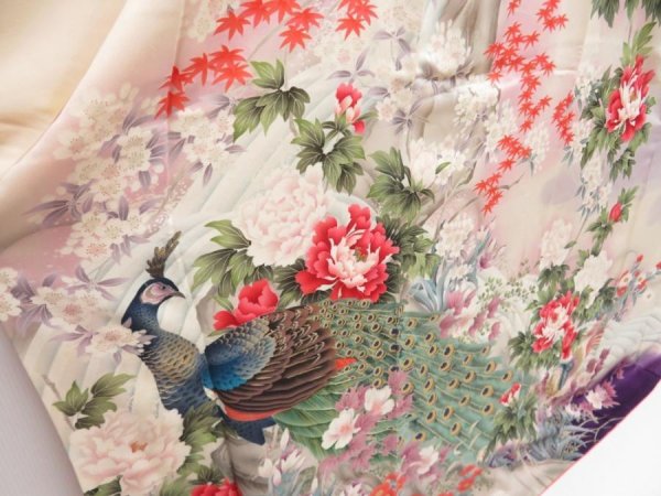 Photo3: 5217T13z1160 Vintage Japanese Kimono Silk FURISODE Peacock Off-white (3)