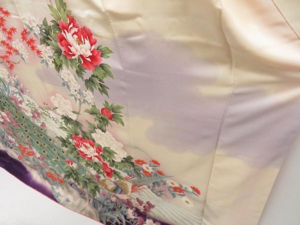 Photo4: 5217T13z1160 Vintage Japanese Kimono Silk FURISODE Peacock Off-white (4)