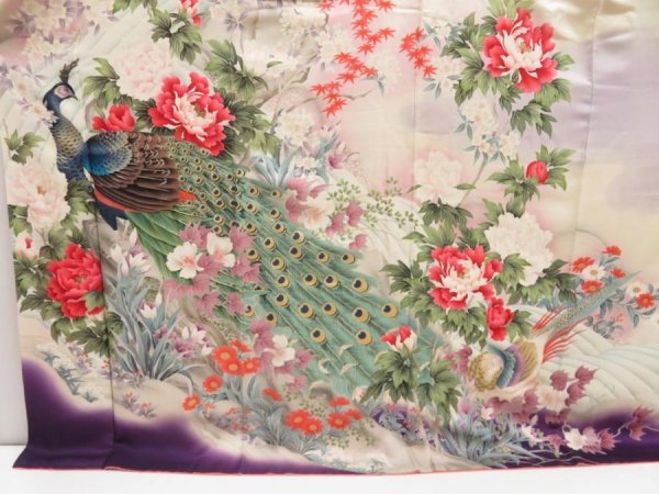 Photo5: 5217T13z1160 Vintage Japanese Kimono Silk FURISODE Peacock Off-white (5)