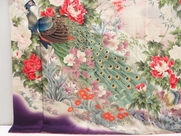 Photo6: 5217T13z1160 Vintage Japanese Kimono Silk FURISODE Peacock Off-white (6)