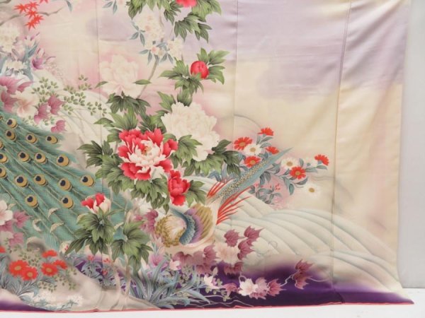 Photo7: 5217T13z1160 Vintage Japanese Kimono Silk FURISODE Peacock Off-white (7)