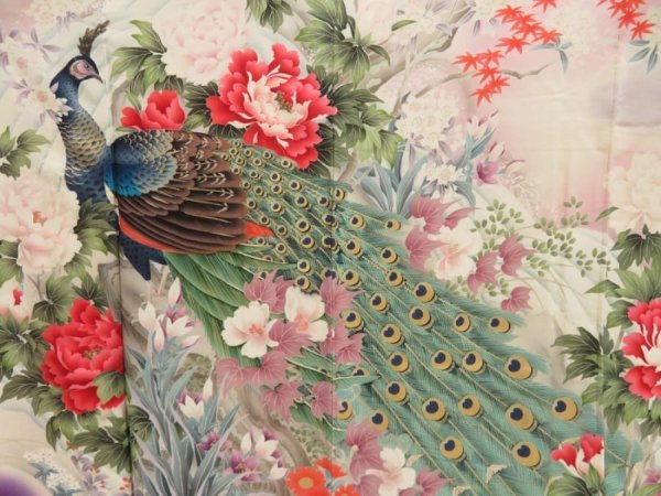 Photo8: 5217T13z1160 Vintage Japanese Kimono Silk FURISODE Peacock Off-white (8)
