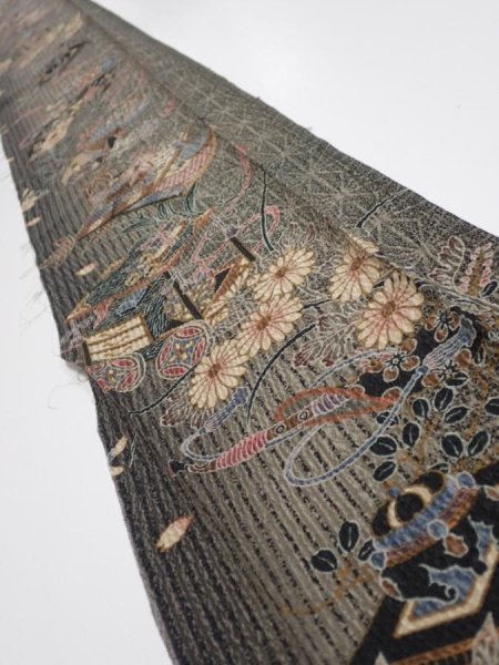 Photo1: 2P08z40  Japanese Kimono Crepe Silk  FABRIC Hemp Black-Gray 62.2x7.1 (1)