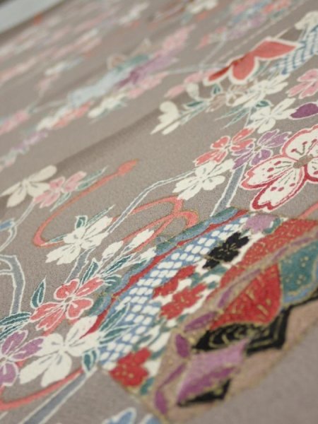 Photo4: 2Q01z70  Japanese Kimono Silk  FABRIC Plum branch  46.1x15.0 (4)