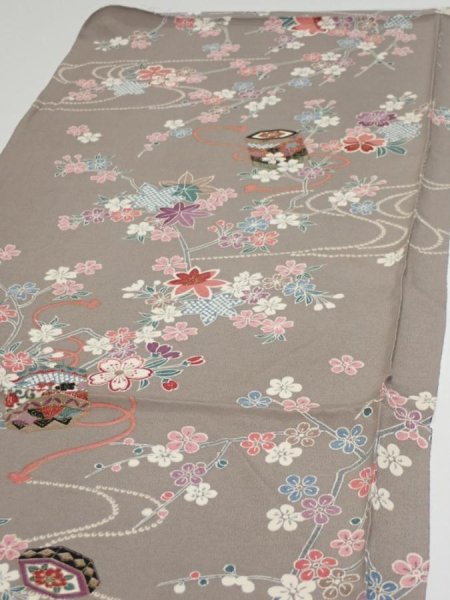 Photo3: 2Q02z70  Japanese Kimono Silk  FABRIC Plum branch  46.1x15.0 (3)