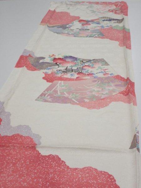 Photo3: 2S01z120  Japanese Kimono Silk  FABRIC Flowers Off-white 86.6x15.7 (3)