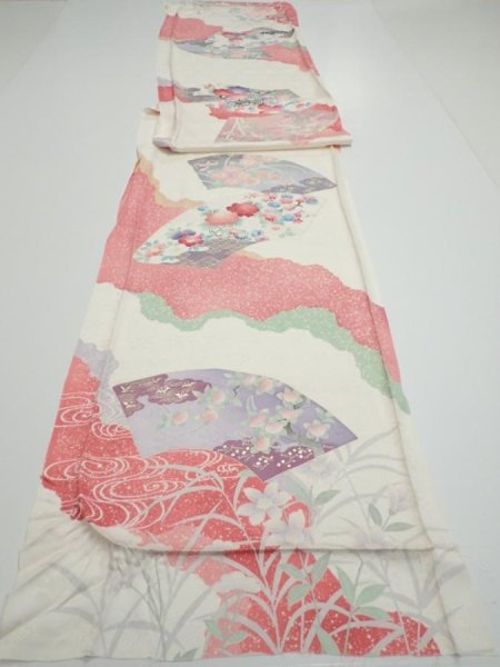Photo5: 2S01z120  Japanese Kimono Silk  FABRIC Flowers Off-white 86.6x15.7 (5)