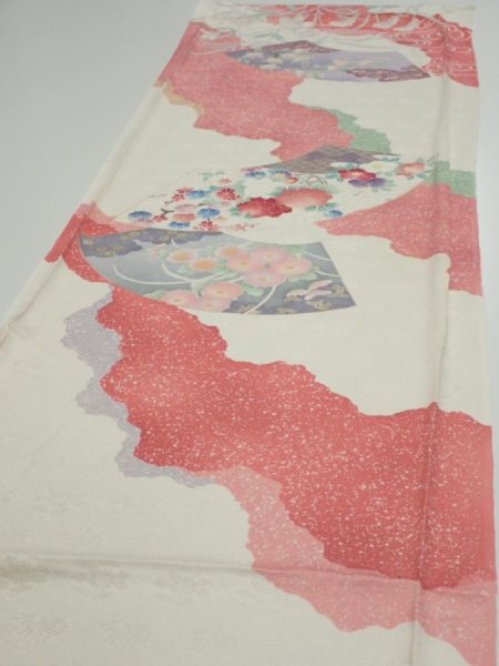Photo3: 2S02z120  Japanese Kimono Silk  FABRIC Flowers Off-white 86.6x15.7 (3)