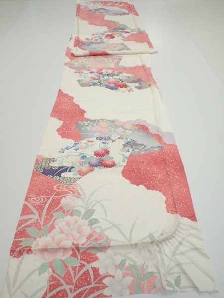 Photo5: 2S02z120  Japanese Kimono Silk  FABRIC Flowers Off-white 86.6x15.7 (5)