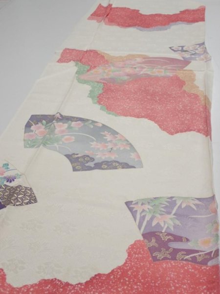 Photo3: 2S03z90  Japanese Kimono Silk  FABRIC Flowers Off-white 68.9x15.7 (3)