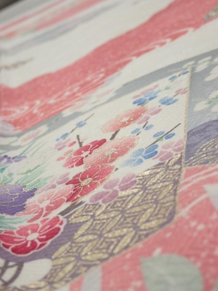 Photo4: 2S03z90  Japanese Kimono Silk  FABRIC Flowers Off-white 68.9x15.7 (4)