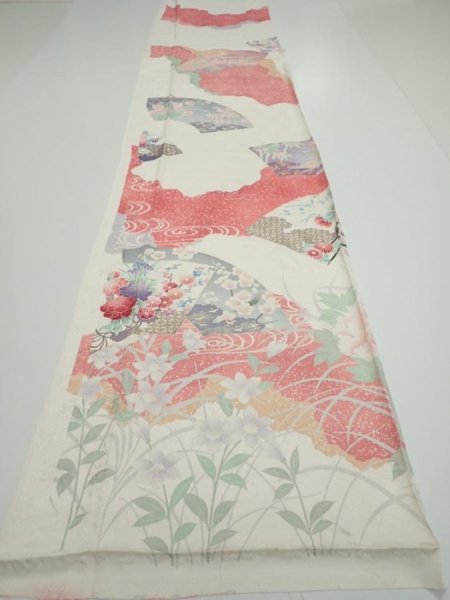 Photo5: 2S03z90  Japanese Kimono Silk  FABRIC Flowers Off-white 68.9x15.7 (5)
