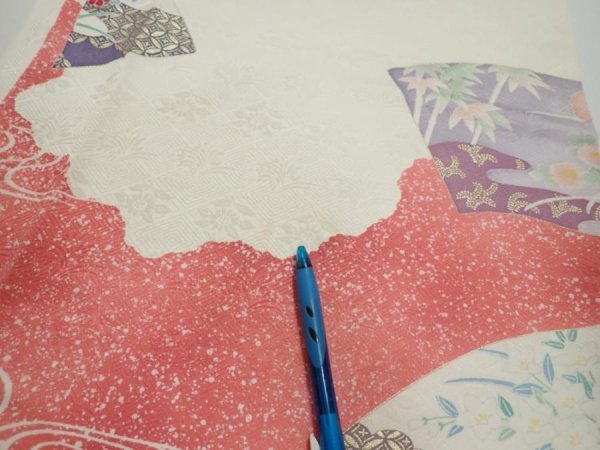 Photo9: 2S03z90  Japanese Kimono Silk  FABRIC Flowers Off-white 68.9x15.7 (9)