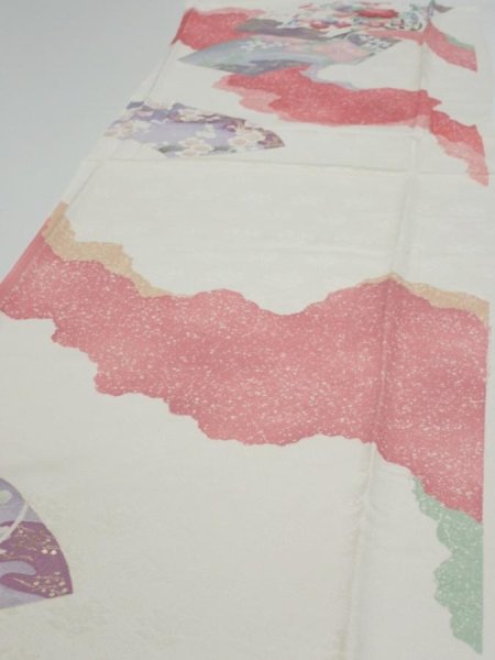 Photo3: 2S04z90  Japanese Kimono Silk  FABRIC Flowers Off-white 68.5x15.7 (3)