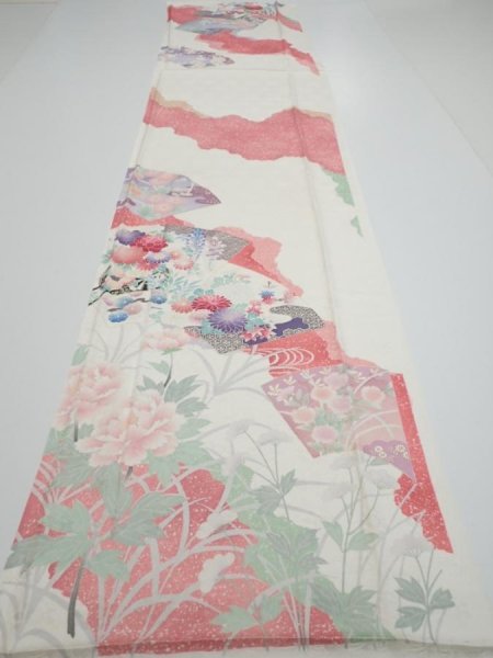 Photo5: 2S04z90  Japanese Kimono Silk  FABRIC Flowers Off-white 68.5x15.7 (5)