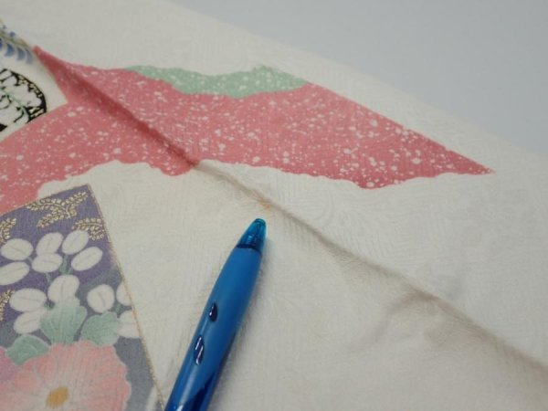 Photo9: 2S04z90  Japanese Kimono Silk  FABRIC Flowers Off-white 68.5x15.7 (9)