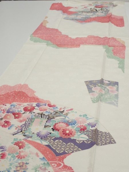 Photo3: 2S05z100  Japanese Kimono Silk  FABRIC Flowers Off-white 70.9x15.7 (3)