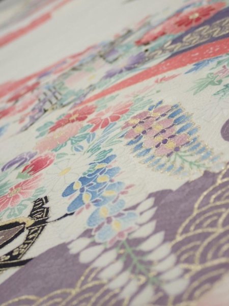 Photo4: 2S05z100  Japanese Kimono Silk  FABRIC Flowers Off-white 70.9x15.7 (4)