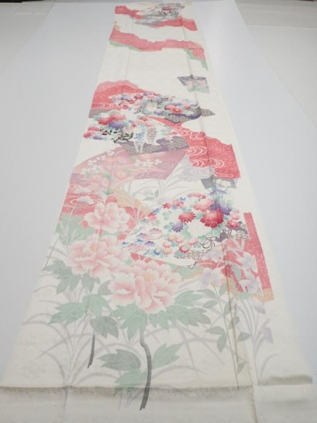 Photo5: 2S05z100  Japanese Kimono Silk  FABRIC Flowers Off-white 70.9x15.7 (5)