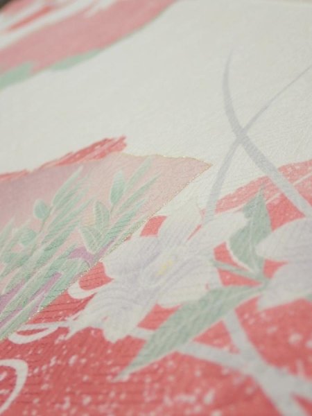 Photo4: 2S06z100  Japanese Kimono Silk  FABRIC Flowers Off-white 70.9x15.7 (4)