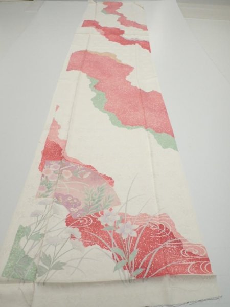 Photo5: 2S06z100  Japanese Kimono Silk  FABRIC Flowers Off-white 70.9x15.7 (5)