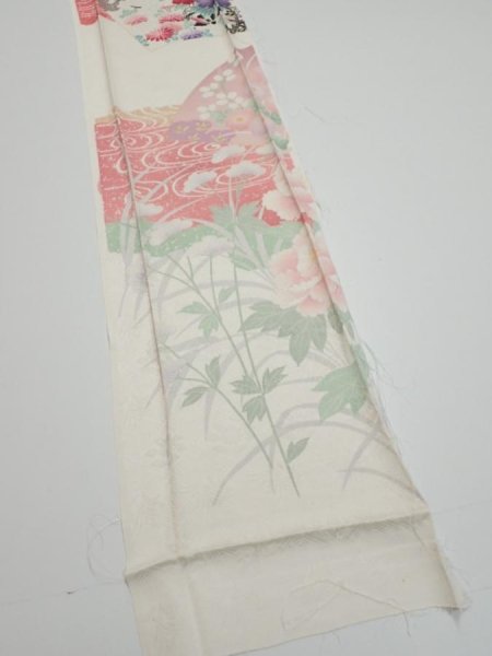 Photo2: 2S08z50  Japanese Kimono Silk  FABRIC Flowers Off-white 65.0x7.9 (2)