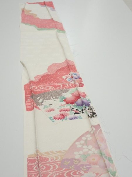 Photo3: 2S08z50  Japanese Kimono Silk  FABRIC Flowers Off-white 65.0x7.9 (3)