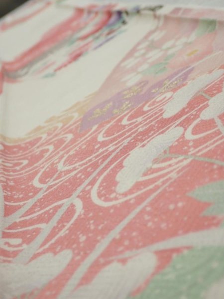 Photo4: 2S08z50  Japanese Kimono Silk  FABRIC Flowers Off-white 65.0x7.9 (4)