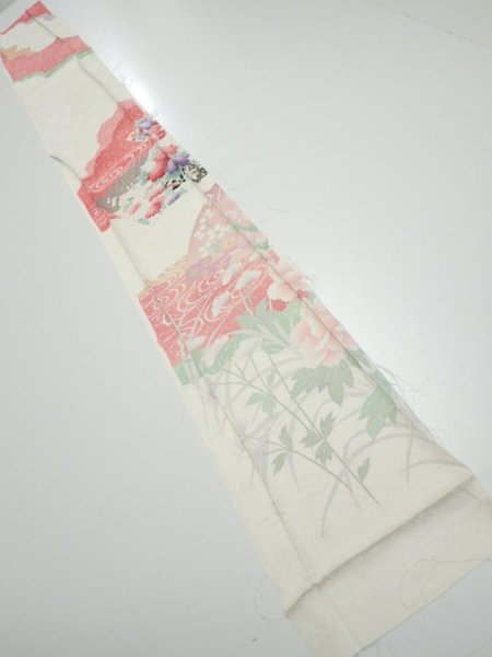 Photo5: 2S08z50  Japanese Kimono Silk  FABRIC Flowers Off-white 65.0x7.9 (5)