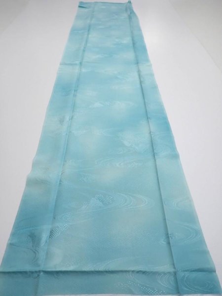 Photo5: 2S04z80  Japanese Kimono Silk  FABRIC Wave Light blue 62.2x14.6 (5)