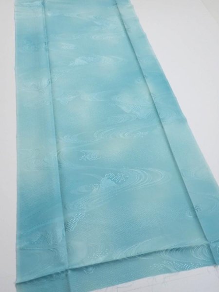 Photo2: 2S05z90  Japanese Kimono Silk  FABRIC Wave Light blue 63.0x14.6 (2)