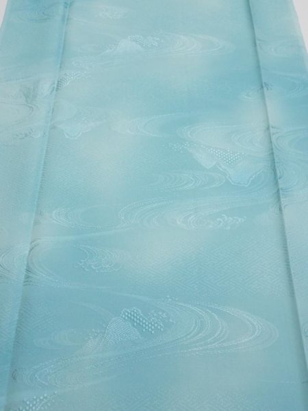 Photo1: 2S06z90  Japanese Kimono Silk  FABRIC Wave Light blue 63.0x14.6 (1)