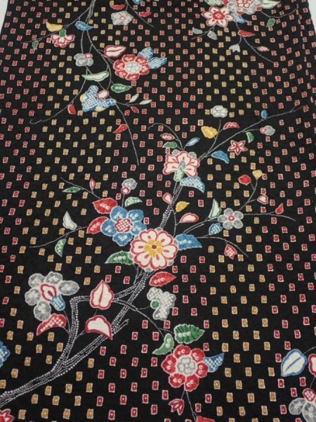 Photo1: 2S01z60  Japanese Kimono Silk  FABRIC Flower Black 40.2x14.6 (1)