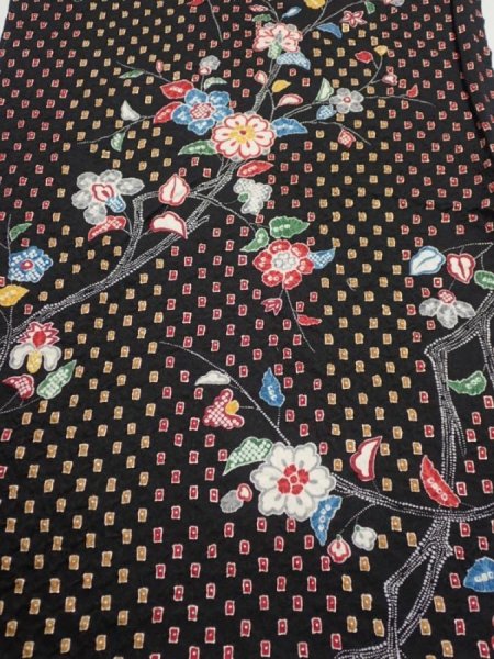 Photo1: 2S02z  Japanese Kimono Silk  FABRIC Flower Black (1)