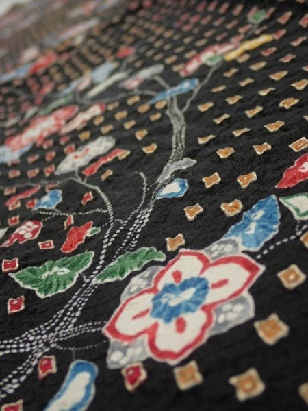 Photo4: 2S07z50  Japanese Kimono Silk  FABRIC Flower Black 56.7x7.5 (4)