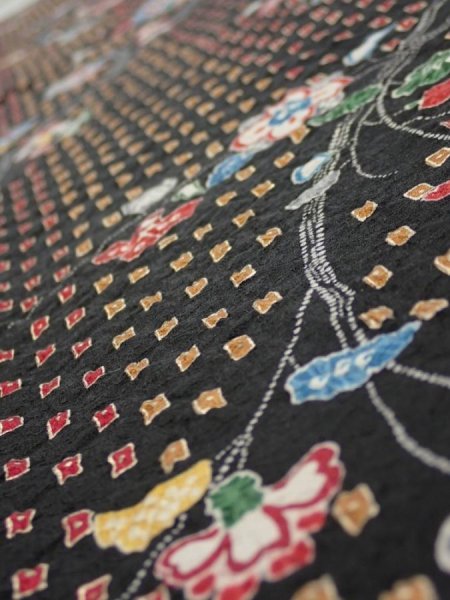 Photo4: 2S08z50  Japanese Kimono Silk  FABRIC Flower Black 56.7x7.5 (4)