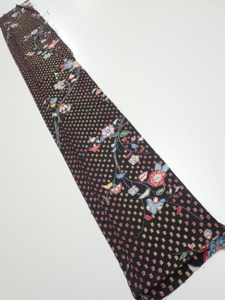 Photo5: 2S08z50  Japanese Kimono Silk  FABRIC Flower Black 56.7x7.5 (5)