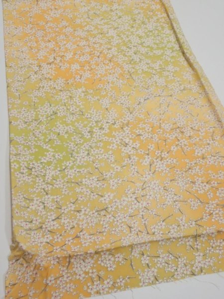 Photo2: 2S01z60  Japanese Kimono Silk  FABRIC Sakura branch Orange-Yellow 44.9x14.4 (2)