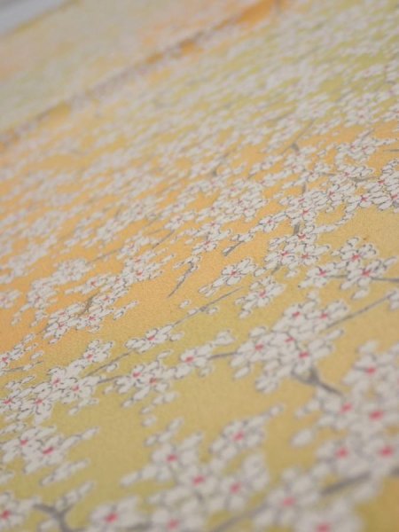 Photo4: 2S01z60  Japanese Kimono Silk  FABRIC Sakura branch Orange-Yellow 44.9x14.4 (4)