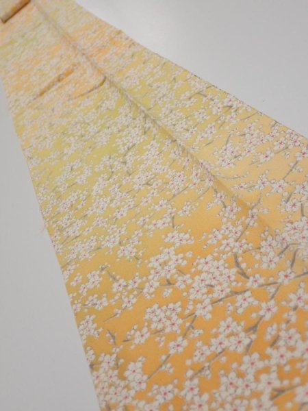 Photo1: 2S09z60  Japanese Kimono Silk  FABRIC Sakura branch Orange-Yellow 86.6x7.1 (1)