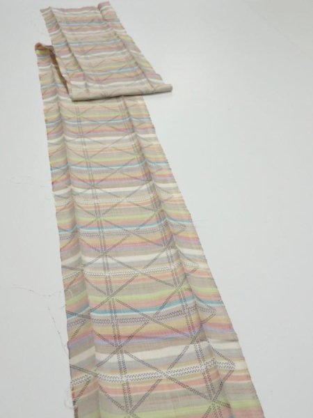 Photo3: 2S09z40  Japanese Kimono Silk TSUMUGI FABRIC Lattice Brown-Gray 86.6x6.9 (3)