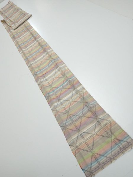 Photo5: 2S09z40  Japanese Kimono Silk TSUMUGI FABRIC Lattice Brown-Gray 86.6x6.9 (5)