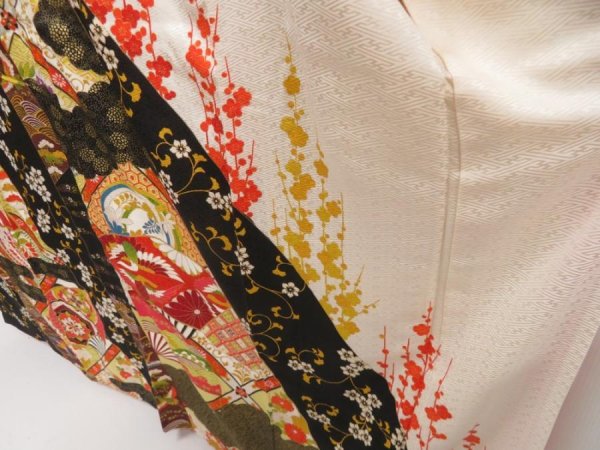 Photo3: 5218T12z1140 Vintage Japanese Kimono Silk FURISODE Folding fan Off-white (3)